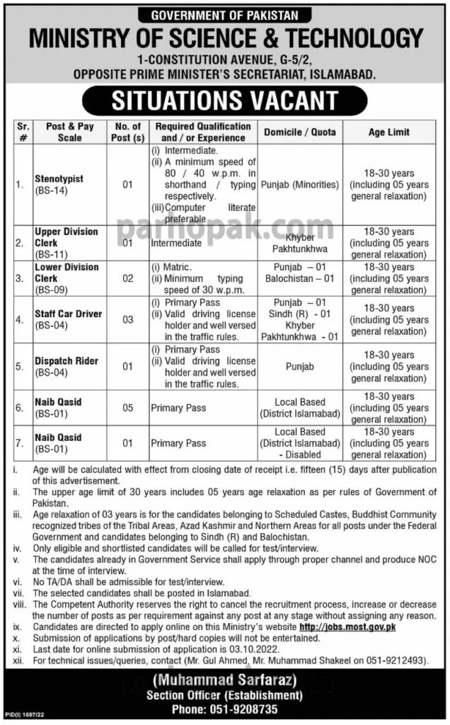 Ministry of Science and Technology (MOST) Jobs 2022