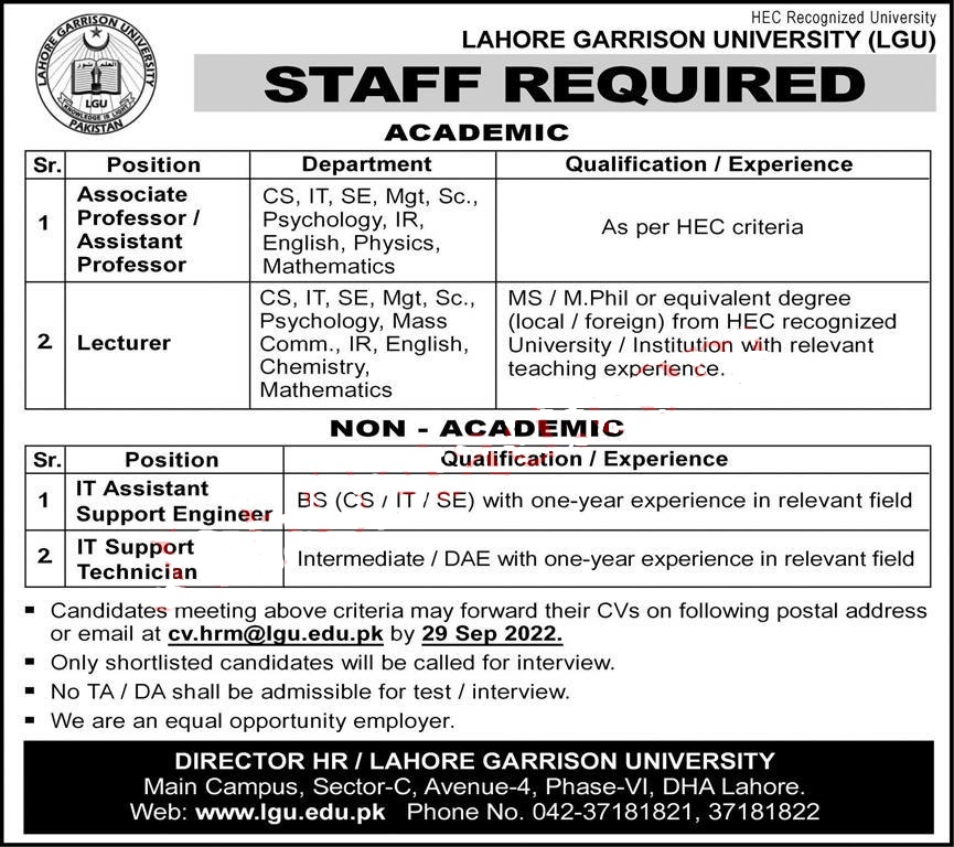 Latest Jobs in Garrison University Lahore 2022