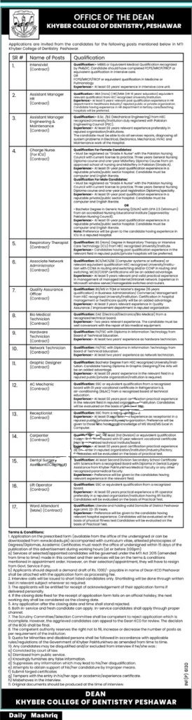 Khyber College of Dentistry Jobs 2022 in Peshawar